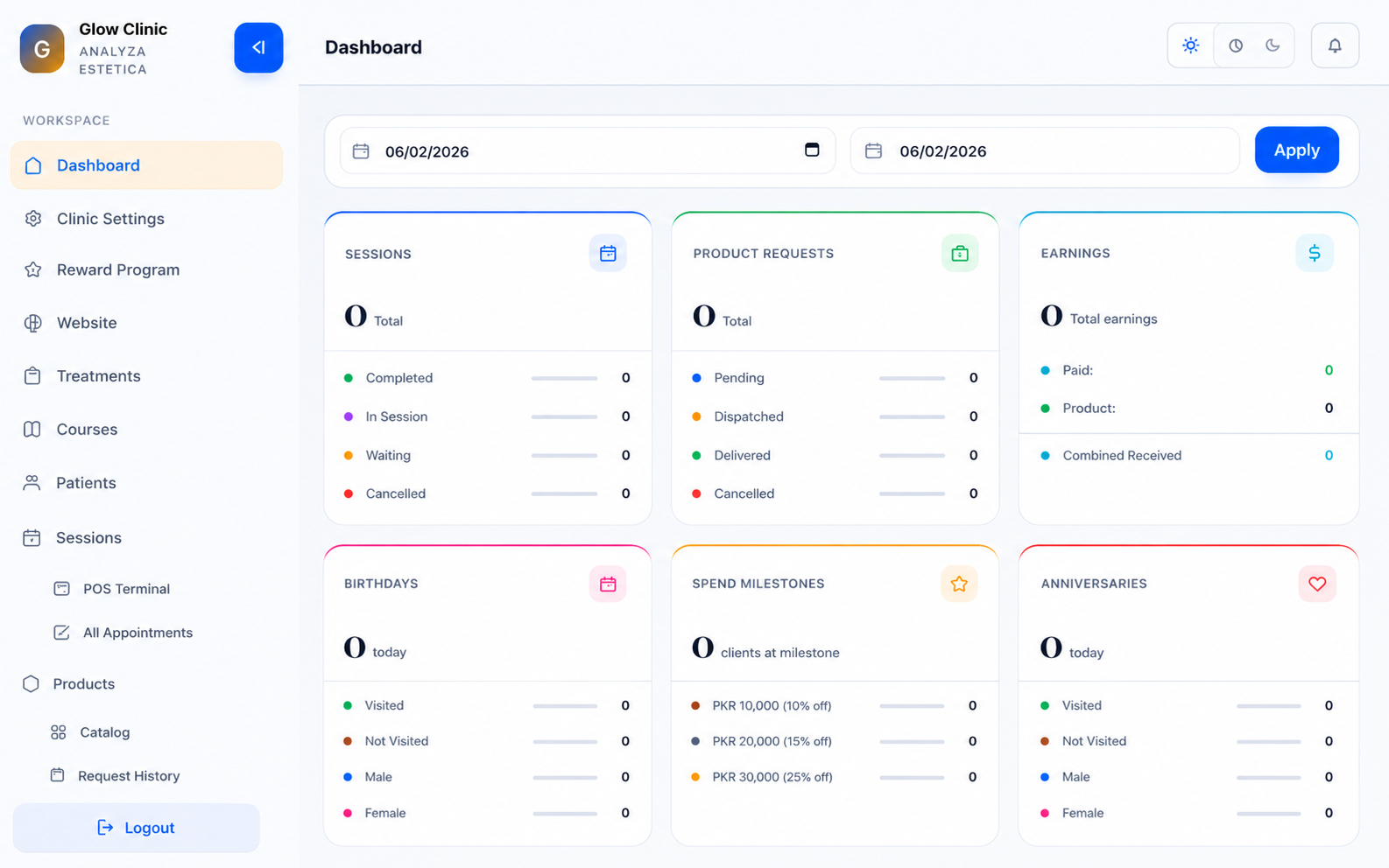 AestheticFlow dashboard — appointments, POS, client portal and analytics